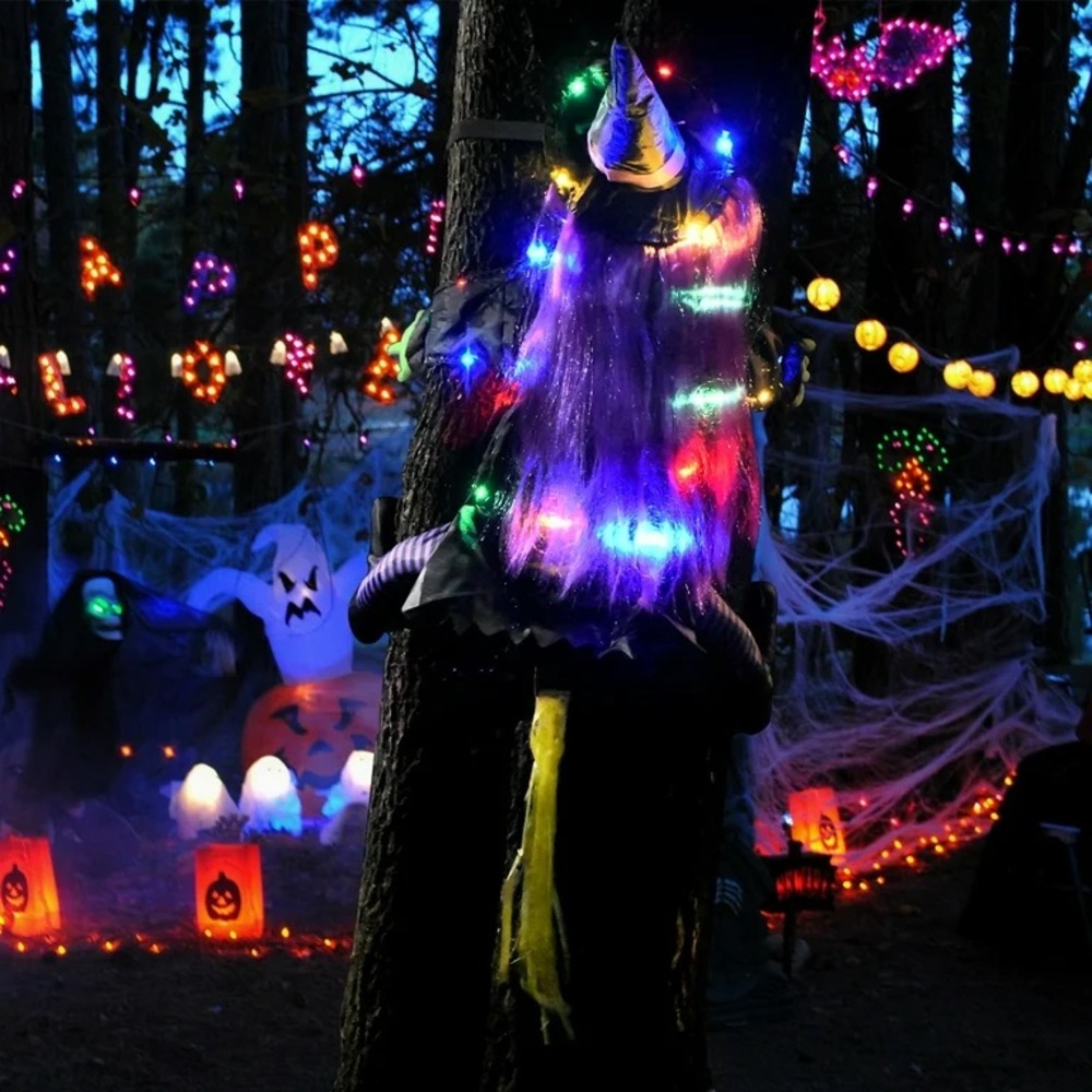Halloween decoration outdoor witch crashing into tree with LED lights NWT